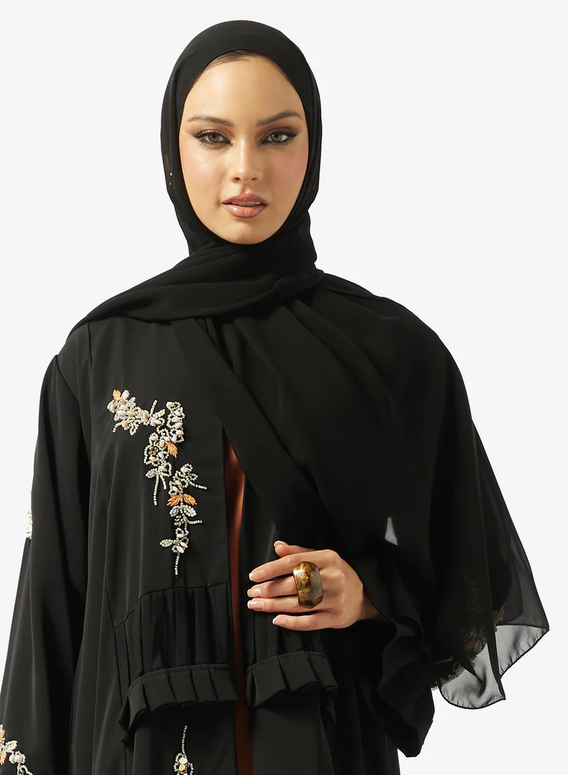 hayas closet  Black Embroidered Abaya With Sheila for Women | Best Price UAE